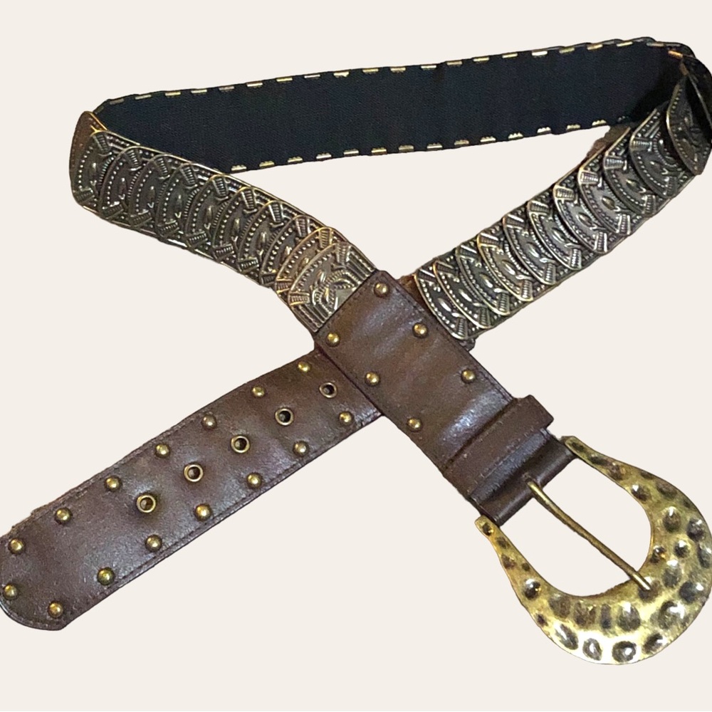 Women’s Stretch Belt Brown & Antique Gold Medallions & Studs Stretch Bel…